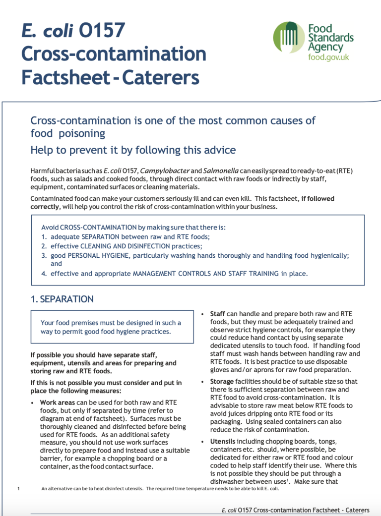 Image of the FSA's E.coli 0157 Factsheet for Caterers